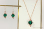 14K rose gold filled wire wrapped emerald green crystal dangle earrings and necklace set handmade by Jessica Luu Jewelry