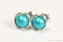 Sterling silver wire wrapped teal blue green pearl stud earrings handmade by Jessica Luu Jewelry