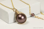 14K yellow gold filled wire wrapped large dark chocolate velvet brown pearl solitaire on chain necklace handmade by Jessica Luu Jewelry