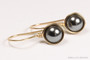 14K yellow gold filled wire wrapped dark grey pearl drop earrings handmade by Jessica Luu Jewelry