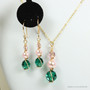 14K yellow gold filled dangle earrings with 4mm vintage rose crystals, 6mm rosaline pink pearls, 8mm emerald green crystals and matching necklace handmade by Jessica Luu Jewelry