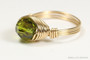 14K yellow gold filled wire wrapped 8mm round olive green crystal solitaire ring handmade by Jessica Luu Jewelry