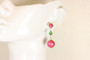 Sterling silver wire wrapped dark pink pearl dangle earrings with pink pearl posts and dark green crystals handmade by Jessica Luu Jewelry