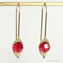 14K yellow gold filled wire wrapped 8mm round ruby red crystal drop earrings handmade by Jessica Luu Jewelry