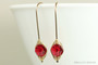 14K yellow gold filled wire wrapped 8mm round ruby red crystal drop earrings handmade by Jessica Luu Jewelry