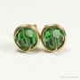 14K yellow gold filled wire wrapped green tourmaline crystal round stud earrings handmade by Jessica Luu Jewelry