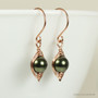 14K rose gold filled herringbone wire wrapped dangle earrings with 8mm dark olive green pearls handmade by Jessica Luu Jewelry