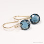 14K yellow gold filled dangle earrings with Montana blue sapphire faceted crystal drops handmade by Jessica Luu Jewelry