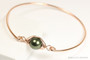 14K rose gold filled wire wrapped slide on bangle bracelet with 10mm dark olive green pearl solitaire handmade by Jessica Luu Jewelry
