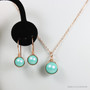 14K rose gold filled chain necklace with 10mm aqua blue green pearl solitaire pendant and matching earrings handmade by Jessica Luu Jewelry