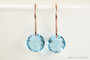 14K rose gold filled dangle earrings with 10mm aquamarine blue Austrian crystal dangles handmade by Jessica Luu Jewelry