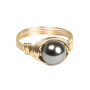 14K yellow gold filled wire wrapped ring with 8mm dark grey pearl solitaire handmade by Jessica Luu Jewelry
