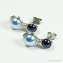 Sterling silver wire wrapped navy blue and light blue pearl stud earrings handmade by Jessica Luu Jewelry