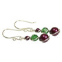 Sterling silver wire wrapped dangle earrings with blackberry purple pearls and green tourmaline crystals handmade by Jessica Luu Jewelry
