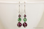 Sterling silver wire wrapped dangle earrings with blackberry purple pearls and green tourmaline crystals handmade by Jessica Luu Jewelry