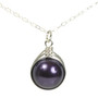 12mm dark purple pearl solitaire pendant wrapped in sterling silver setting hung on 18 inch long chain necklace handmade  by Jessica Luu Jewelry