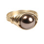 10mm dark chocolate brown pearl solitaire ring in 14K yellow gold filled wire wrapped setting handmade by Jessica Luu Jewelry
