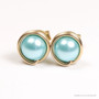 6mm light aqua blue pearl stud earrings in 14k yellow gold filled wire wrapped setting handmade by Jessica Luu Jewelry