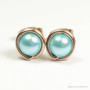 6mm light aqua blue pearl stud earrings in 14K rose gold filled wire wrapped setting handmade by Jessica Luu Jewelry