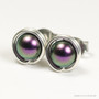 6mm iridescent dark purple round ball pearl stud earrings in sterling silver wire wrapped setting handmade by Jessica Luu Jewelry