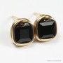 6mm jet black faceted cube shaped Austrian crystal stud earrings in 14K yellow gold filled wire wrapped setting handmade by Jessica Luu Jewelry