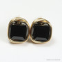 6mm jet black faceted cube shaped Austrian crystal stud earrings in 14K yellow gold filled wire wrapped setting handmade by Jessica Luu Jewelry