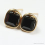 6mm jet black faceted cube shaped Austrian crystal stud earrings in 14K yellow gold filled wire wrapped setting handmade by Jessica Luu Jewelry