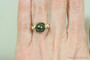 10mm dark olive green pearl solitaire ring in 14K yellow gold filled wire wrapped setting and band handmade by Jessica Luu Jewelry