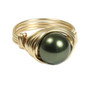 10mm dark olive green pearl solitaire ring in 14K yellow gold filled wire wrapped setting and band handmade by Jessica Luu Jewelry