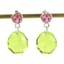Chartreuse green Austrian crystal dangle earrings with pink Austrian crystal posts in sterling silver wire wrapped setting handmade by Jessica Luu Jewelry