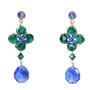14K yellow gold filled earrings with faceted round emerald green Austrian crystals and sapphire blue teardrop shaped Austrian crystal dangles handmade by Jessica Luu Jewelry