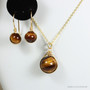 8mm round tiger eye gemstone drop earrings in 14K yellow gold filled wire wrapped setting with matching necklace handmade by Jessica Luu Jewelry