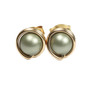 6mm sage green pearl stud earrings in 14K yellow gold filled wire wrapped setting handmade by Jessica Luu Jewelry