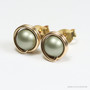 6mm sage green pearl stud earrings in 14K yellow gold filled wire wrapped setting handmade by Jessica Luu Jewelry