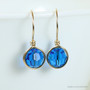 8mm faceted round bright blue Austrian crystal earrings in 14K yellow gold filled wire wrapped setting handmade by Jessica Luu Jewelry