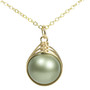 12mm sage green pearl solitaire in 14K yellow gold filled wire wrapped setting on 18 inch long chain necklace handmade by Jessica Luu Jewelry