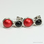 Black and red two tone pearl drop earrings in sterling silver wire wrapped setting handmade by Jessica Luu Jewelry