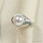 10mm white pearl solitaire ring in sterling silver wire wrapped setting and band handmade by Jessica Luu Jewelry