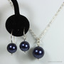 12mm navy blue pearl solitaire on sterling silver 18 inch long chain necklace with matching earrings handmade  by Jessica Luu Jewelry