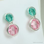 Light pink and green Austrian crystal drop earrings in sterling silver wire wrapped setting handmade by Jessica Luu Jewelry