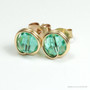 6mm aqua green faceted round Austrian crystal stud earrings in 14K yellow gold filled wire wrapped setting handmade by Jessica Luu Jewelry