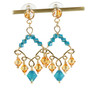 14K yellow gold filled chandelier earrings with blue and orange faceted Austrian crystals handmade by Jessica Luu Jewelry