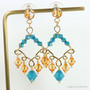 14K yellow gold filled chandelier earrings with blue and orange faceted Austrian crystals handmade by Jessica Luu Jewelry
