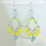 Sterling silver chandelier earrings with aquamarine blue and yellow Austrian crystals handmade by Jessica Luu Jewelry