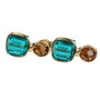 Two tone earrings with 8mm teal blue faceted cube shaped Austrian crystals and 6mm amber  brown faceted round Austrian crystals in 14K yellow gold filled wire wrapped setting handmade by Jessica Luu Jewelry