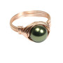 8mm dark olive green pearl solitaire ring with 14K rose gold filled wire wrapped setting and band handmade by Jessica Luu Jewelry