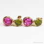Fuchsia and olive green faceted Austrian crystal drop earrings in 14K yellow gold filled wire wrapped setting handmade by Jessica Luu Jewelry