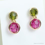 Fuchsia and olive green faceted Austrian crystal drop earrings in 14K yellow gold filled wire wrapped setting handmade by Jessica Luu Jewelry