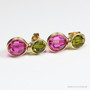 Fuchsia and olive green faceted Austrian crystal drop earrings in 14K yellow gold filled wire wrapped setting handmade by Jessica Luu Jewelry