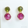 Fuchsia and olive green faceted Austrian crystal drop earrings in 14K yellow gold filled wire wrapped setting handmade by Jessica Luu Jewelry